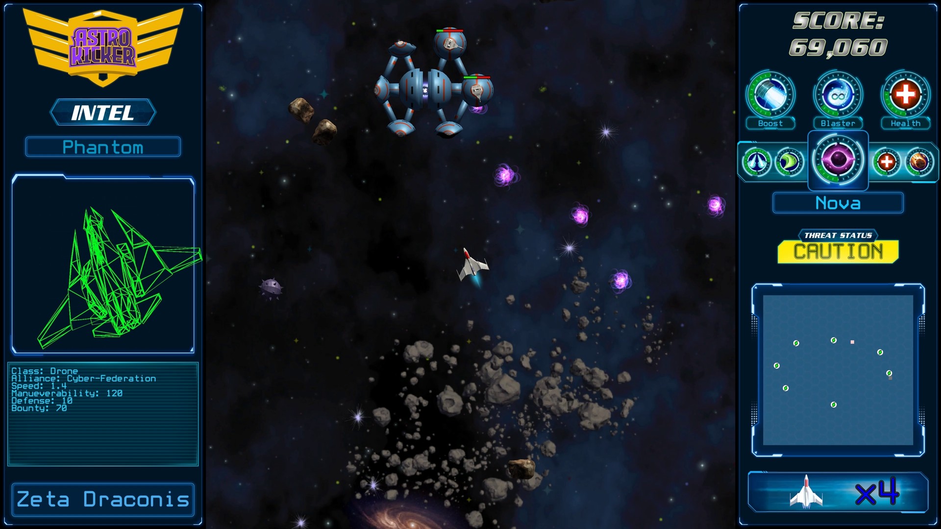 Astrokicker gameplay: a spacecraft battles through a field of asteroids