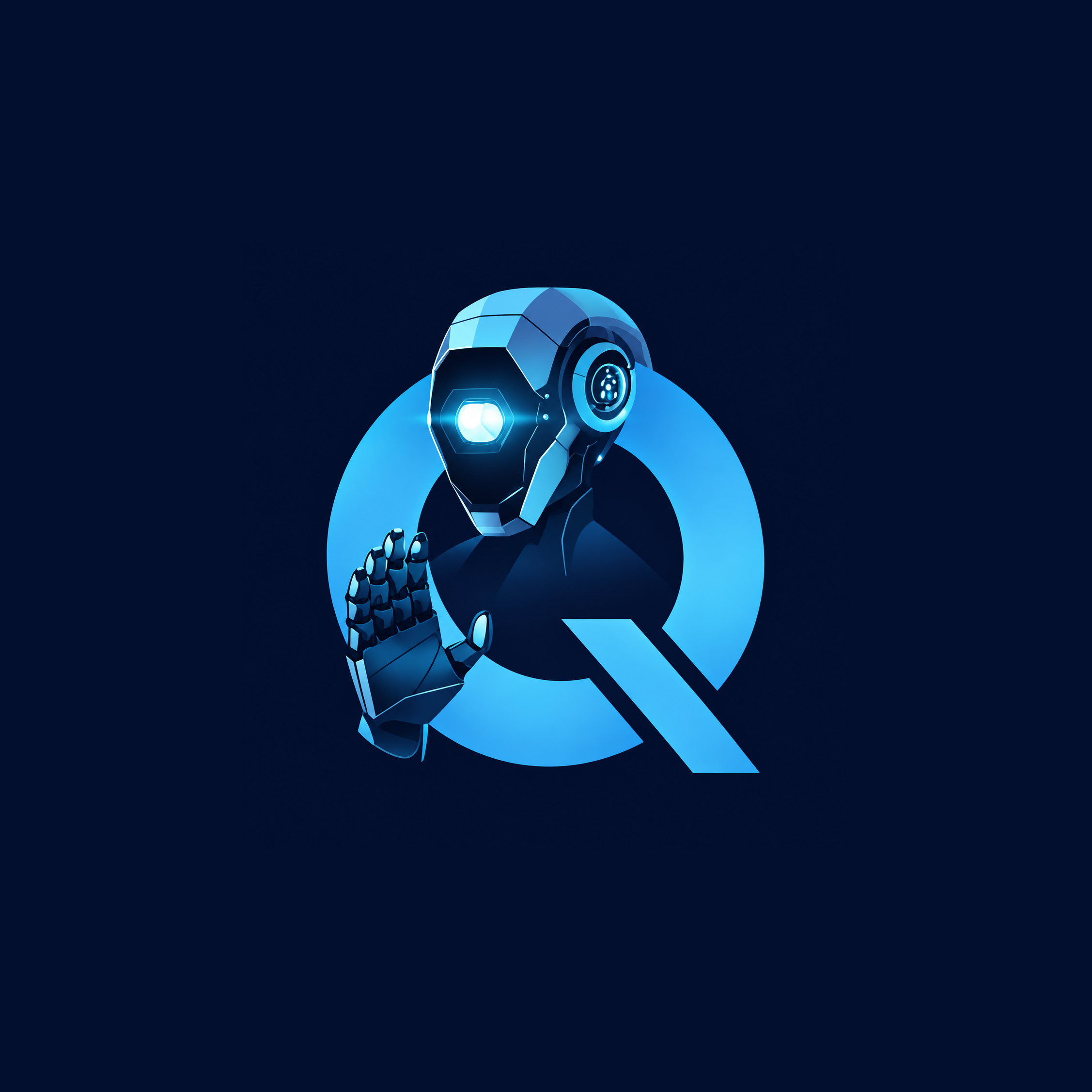 Quadrivo’s blue robot mascot waving from the Q emblem